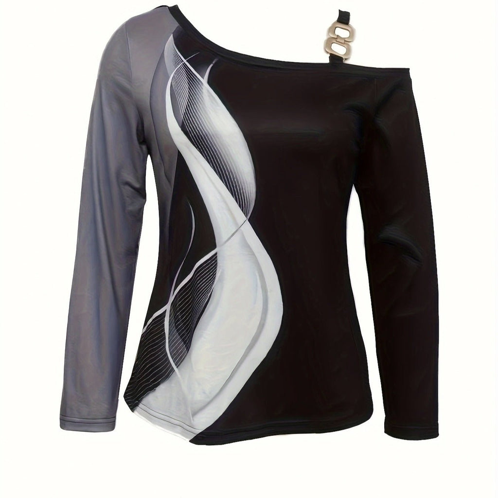 Women’s casual asymmetrical shoulder top with buckle detail from FitiqueFit, featuring a stylish design and relaxed fit.
