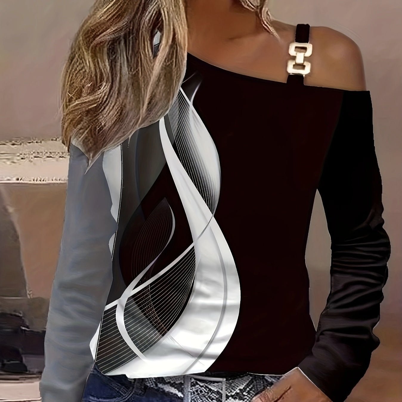 Women's casual wear FitiqueFit asymmetrical shoulder top with buckle detail, featuring a stylish, modern design and unique shoulder cut.