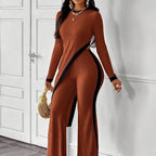 Women’s casualwear asymmetrical top and matching pants set by FitiqueFit, featuring modern design and comfortable fit.