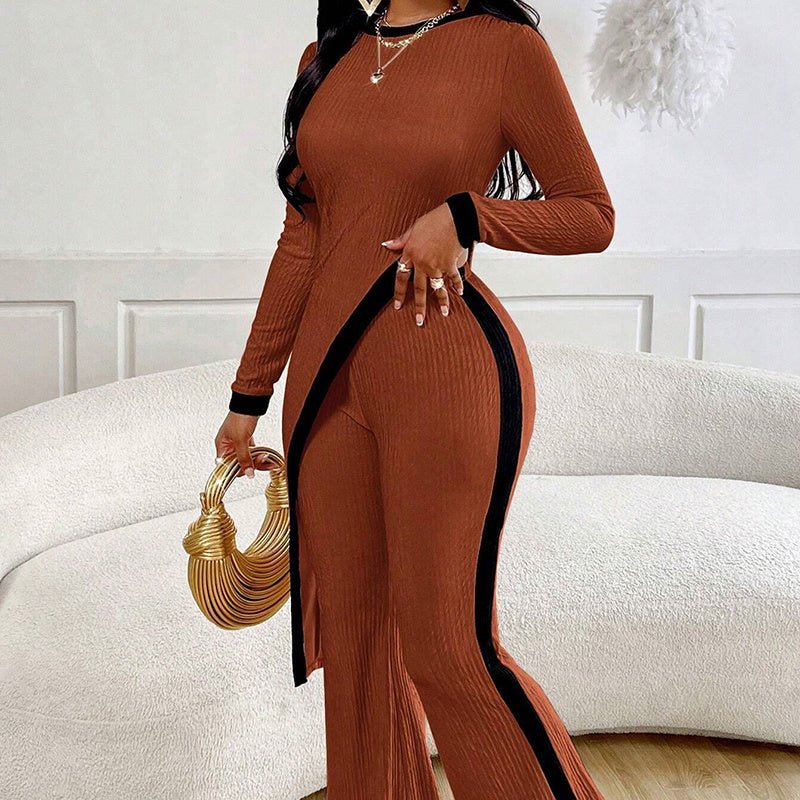 Women’s casualwear asymmetrical top and pants set by FitiqueFit, featuring stylish, modern design and comfortable fit.