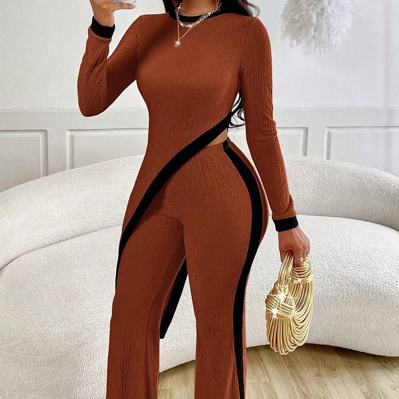 Women’s asymmetrical top and pants casualwear set by FitiqueFit, featuring a stylish, modern design perfect for relaxed, trendy outfits.