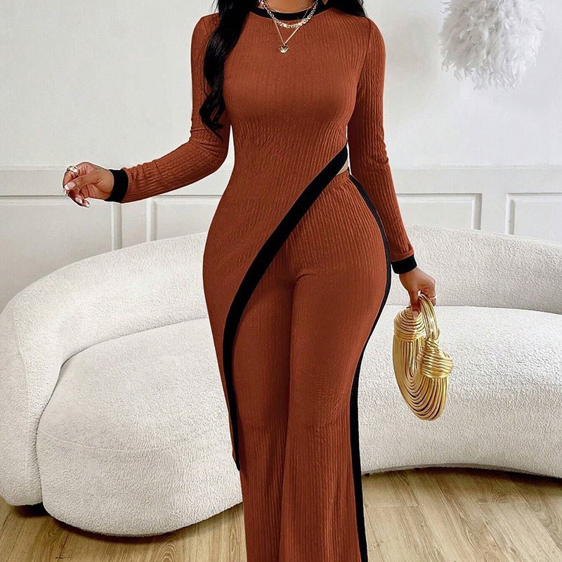 Women’s asymmetrical top and pants casualwear set by FitiqueFit, featuring a stylish top with uneven hem and matching pants.