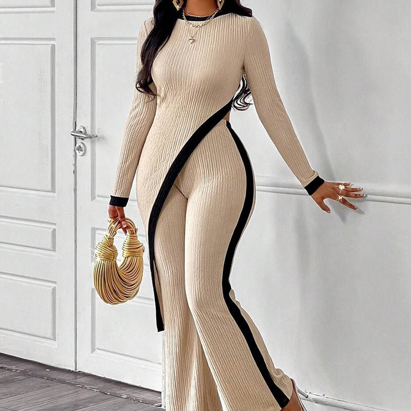 Women’s asymmetrical top and pants casualwear set by FitiqueFit, featuring stylish, comfortable matching clothing for everyday wear.