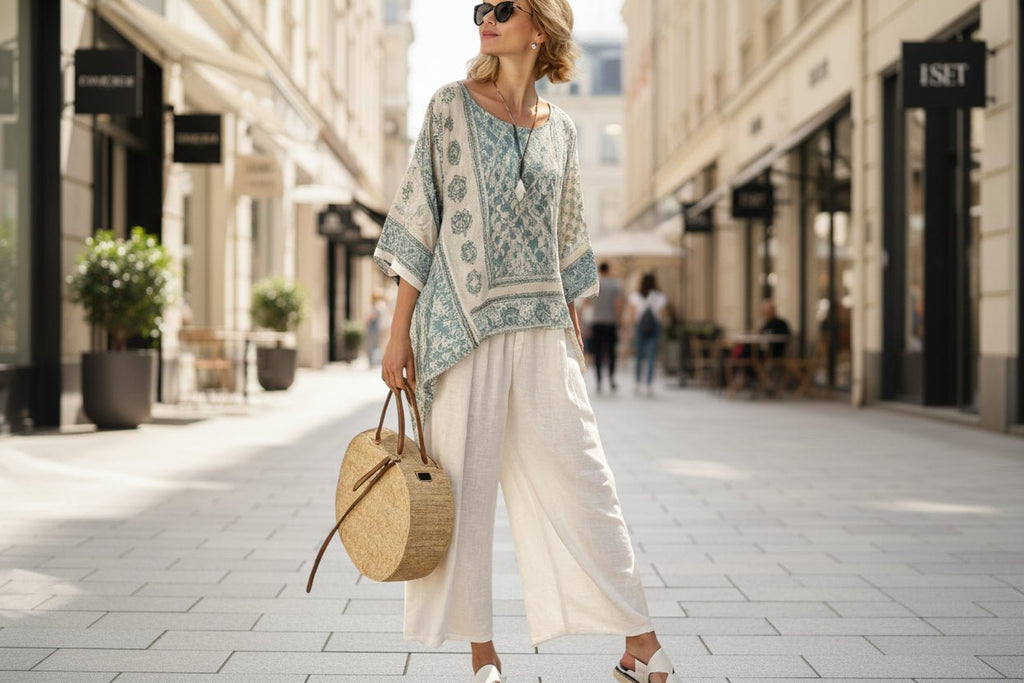 Women’s beach vacation two-piece casualwear set by FitiqueFit, featuring a loose summer outfit with crop top and shorts.