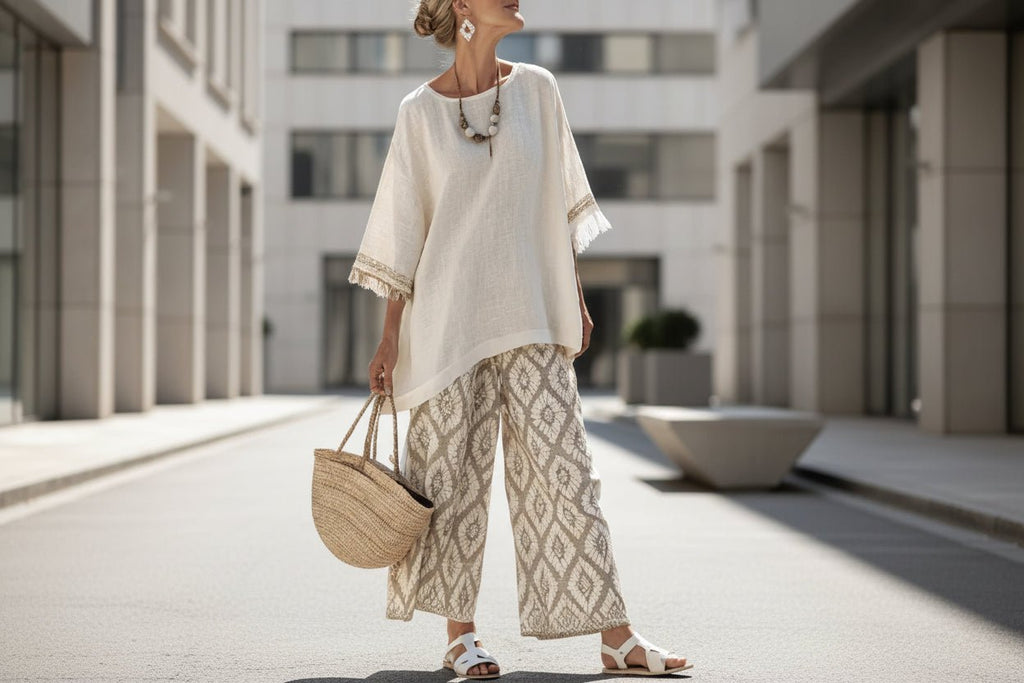 Women’s beach vacation two-piece casualwear set by FitiqueFit, featuring a loose summer outfit ideal for beach outings.