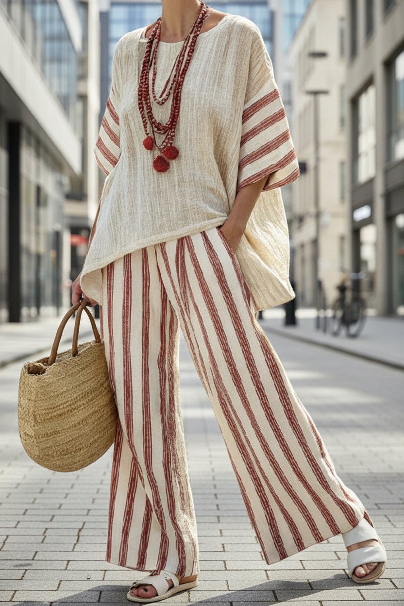 Women’s beach vacation two-piece casualwear set by FitiqueFit featuring a loose summer outfit for women, perfect for relaxing beach days.