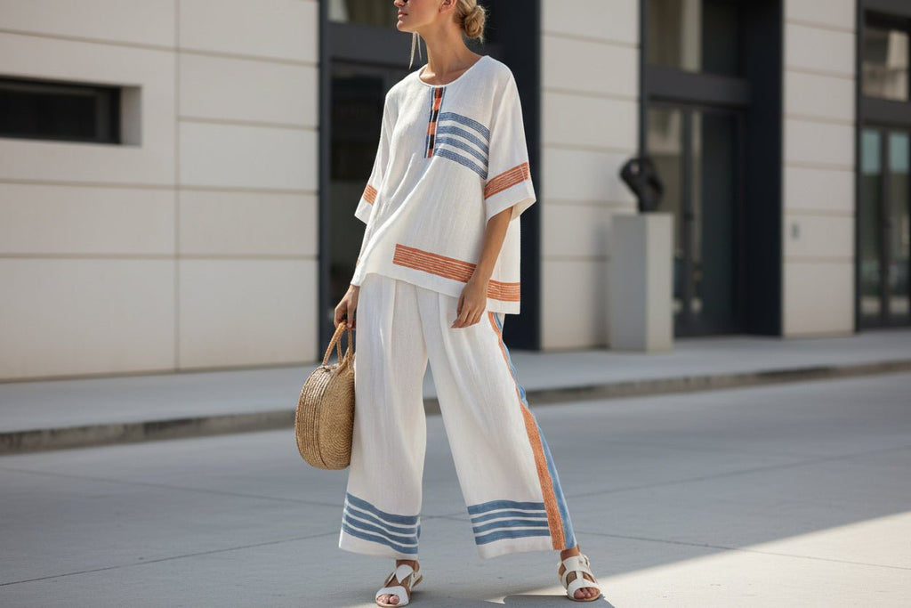 Women’s beach vacation two-piece casualwear set from FitiqueFit, featuring a loose summer outfit ideal for beach outings.