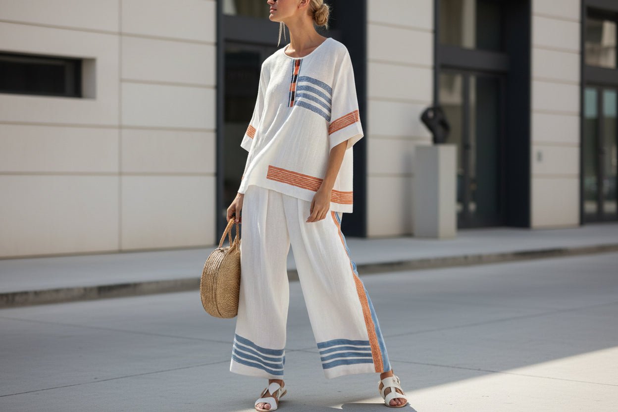 Women’s beach vacation two-piece casualwear set from FitiqueFit, featuring a loose summer outfit ideal for beach outings.