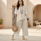 Women’s beach vacation two-piece casualwear set by FitiqueFit featuring a loose summer outfit for women on the beach.