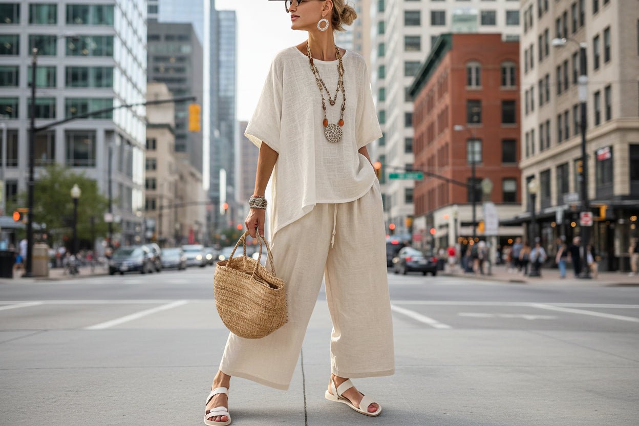 Women’s beach vacation two-piece casualwear set by FitiqueFit featuring a loose summer outfit, perfect for relaxed beach days.
