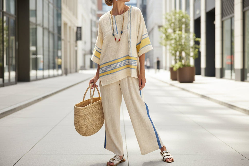 Women’s beach vacation two-piece casualwear set by FitiqueFit, featuring a loose summer outfit perfect for beach outings.