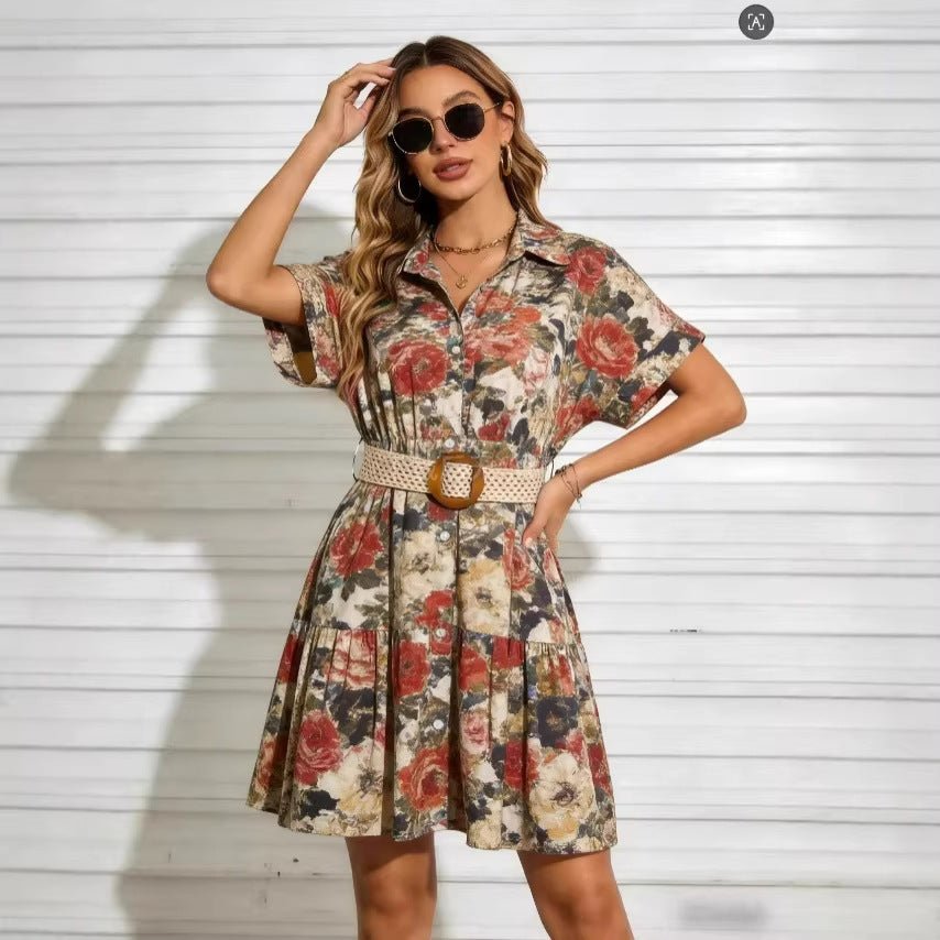 Women’s belted short sleeve midi dress by FitiqueFit, casualwear with a waist belt, knee-length design, lightweight fabric, and stylish fit.
