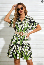 Women's belted short sleeve midi dress by FitiqueFit, casualwear style with a relaxed fit and waist belt.