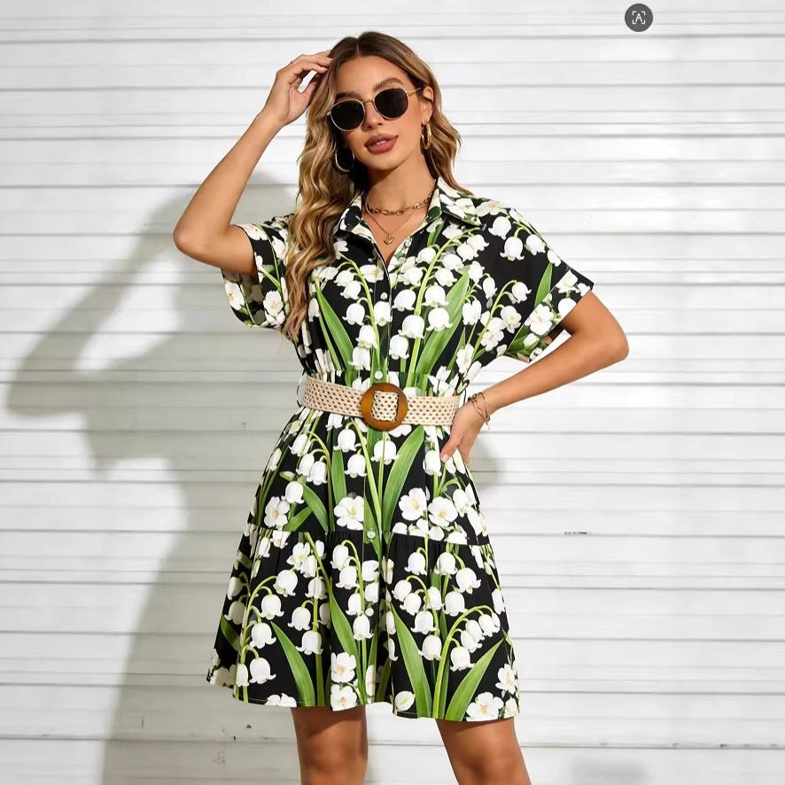 Women’s belted short sleeve midi dress by FitiqueFit, casualwear style with a fitted waist and knee-length hem in a lightweight fabric.