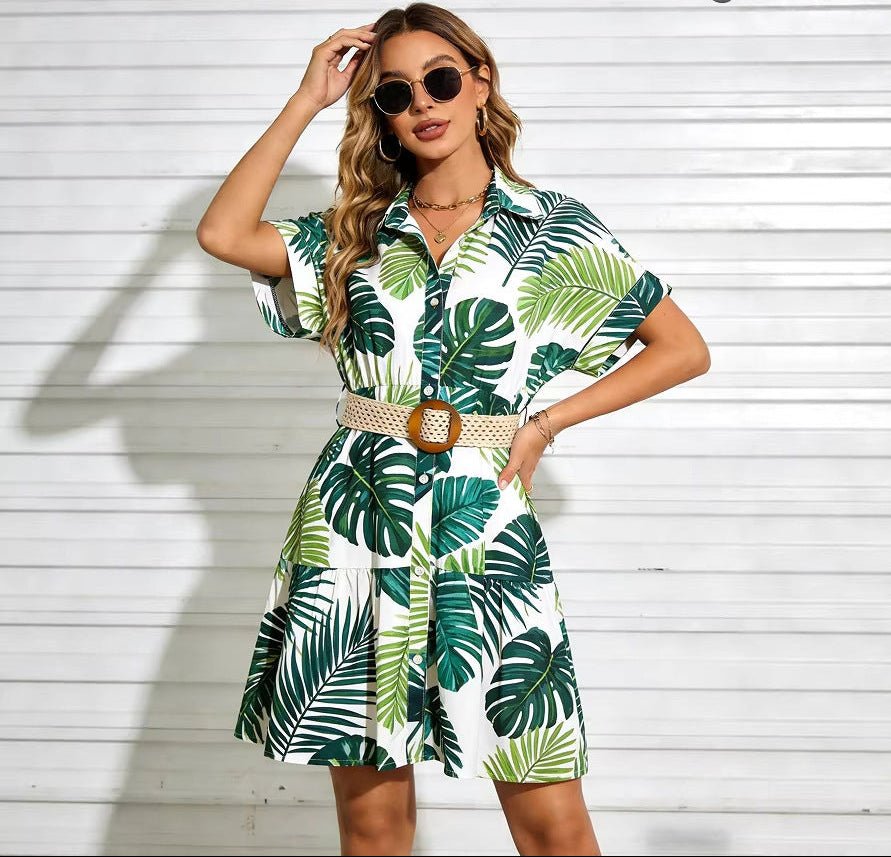 Women’s belted short sleeve midi dress in casualwear style, featuring a relaxed fit and a waist belt from FitiqueFit.