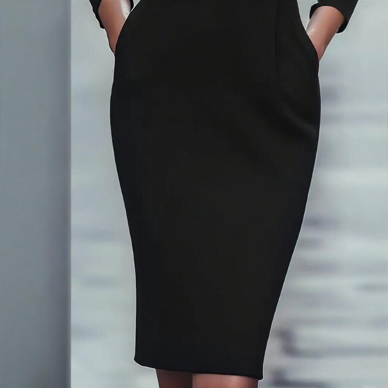 Women’s black FitiqueFit bodycon midi dress, casualwear style, fitted silhouette, sleeveless with round neckline.