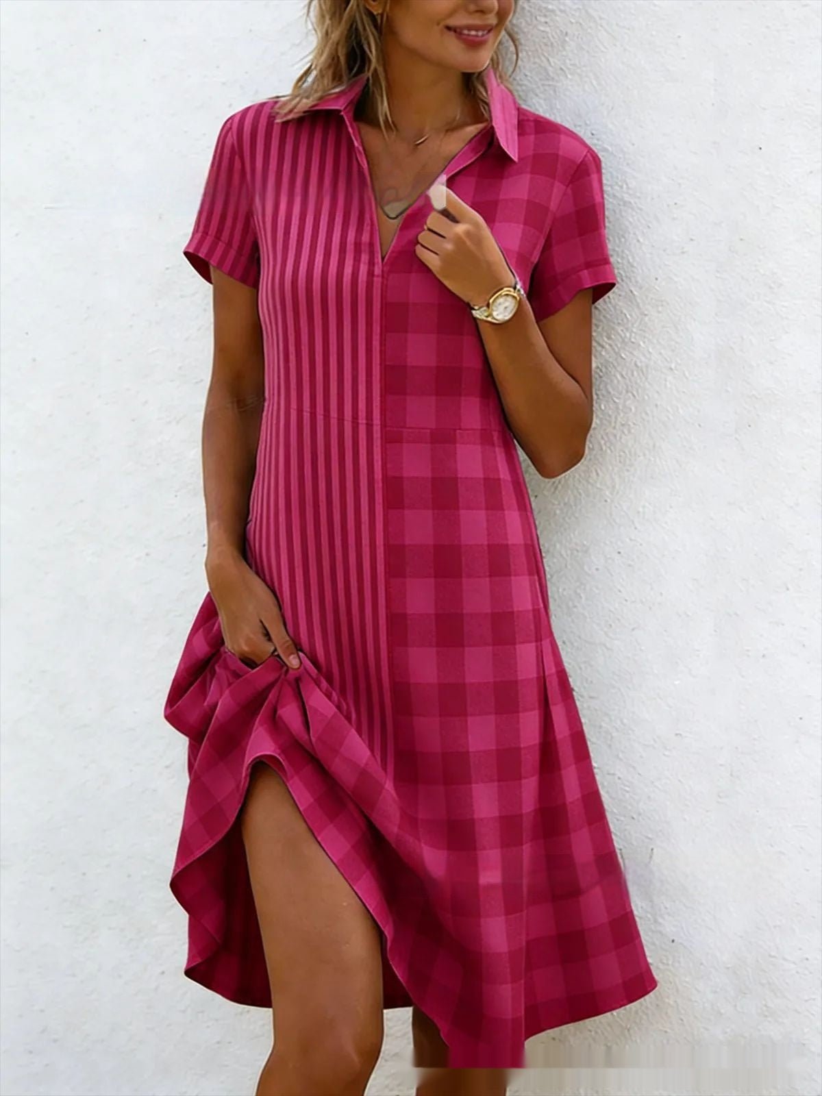 Women's Bohemian 3D printed V-neck short-sleeve maxi dress by FitiqueFit, featuring a flowy silhouette and vibrant pattern.