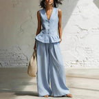 Women's Bohemian sleeveless ruffled tank and pants set by FitiqueFit, featuring a relaxed casualwear style with flowing fabric.
