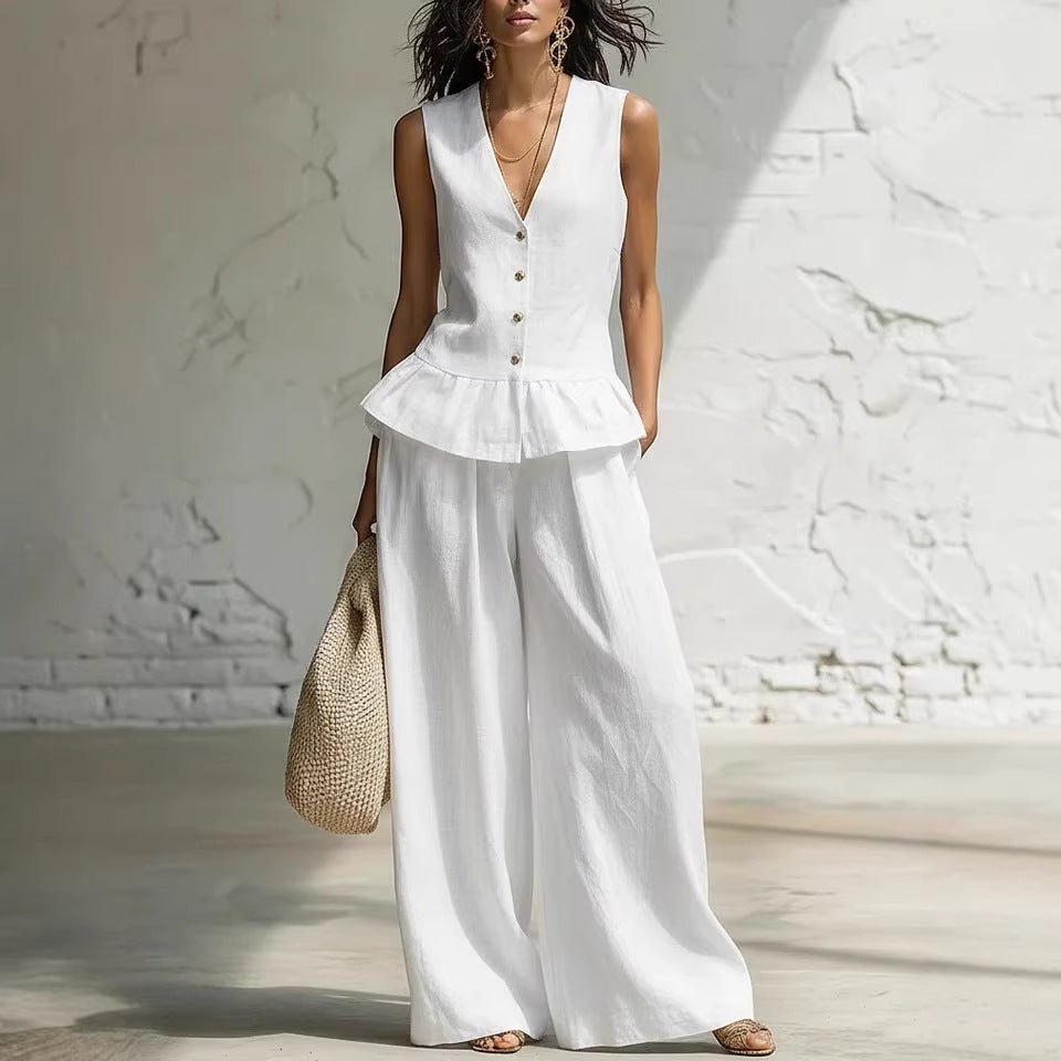 Women's Bohemian ruffled sleeveless tank top with matching pants, casualwear set from FitiqueFit featuring relaxed, stylish design.