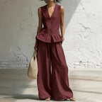 Women's bohemian sleeveless ruffled tank top and wide-leg pants set by FitiqueFit, casual summer wear with relaxed fit and flowy style.