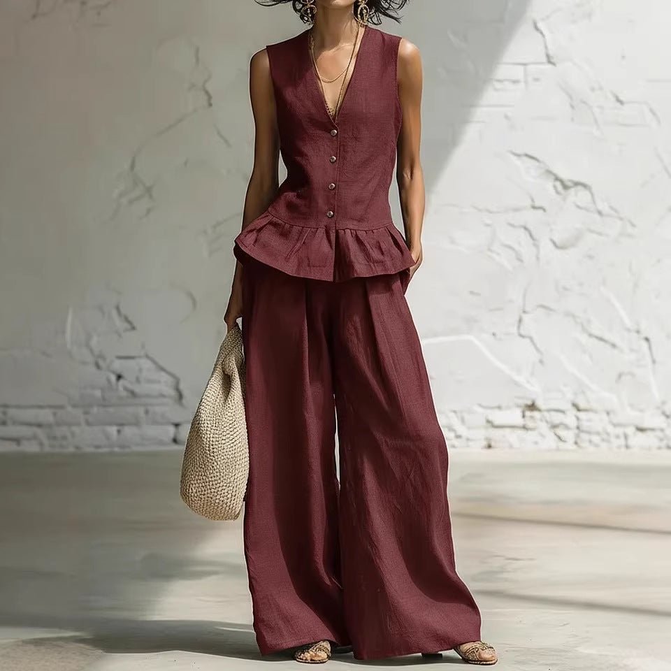 Women's bohemian sleeveless ruffled tank top and wide-leg pants set by FitiqueFit, casual summer wear with relaxed fit and flowy style.