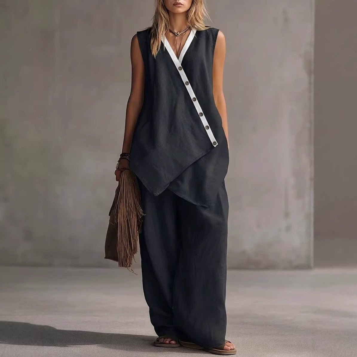 Women's boho V-neck button vest and wide-leg pants set by Plush Fashion Hub, featuring a relaxed casualwear style with stylish details.