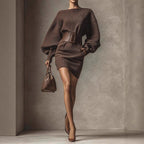 Women's brown bodycon mini dress with boat neck and long sleeves, casualwear by FitiqueFit, shown on a model.