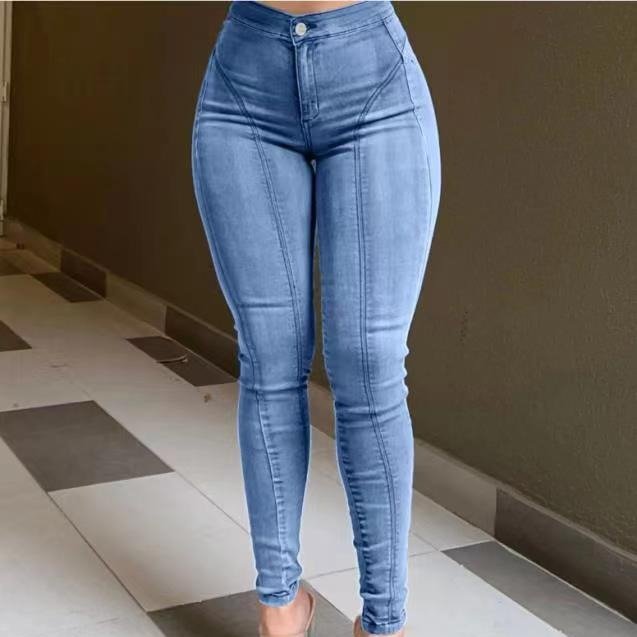Women’s butt-lifting stretch jeans by FitiqueFit, slim fit, high-waisted denim casualwear, showing front and back view.