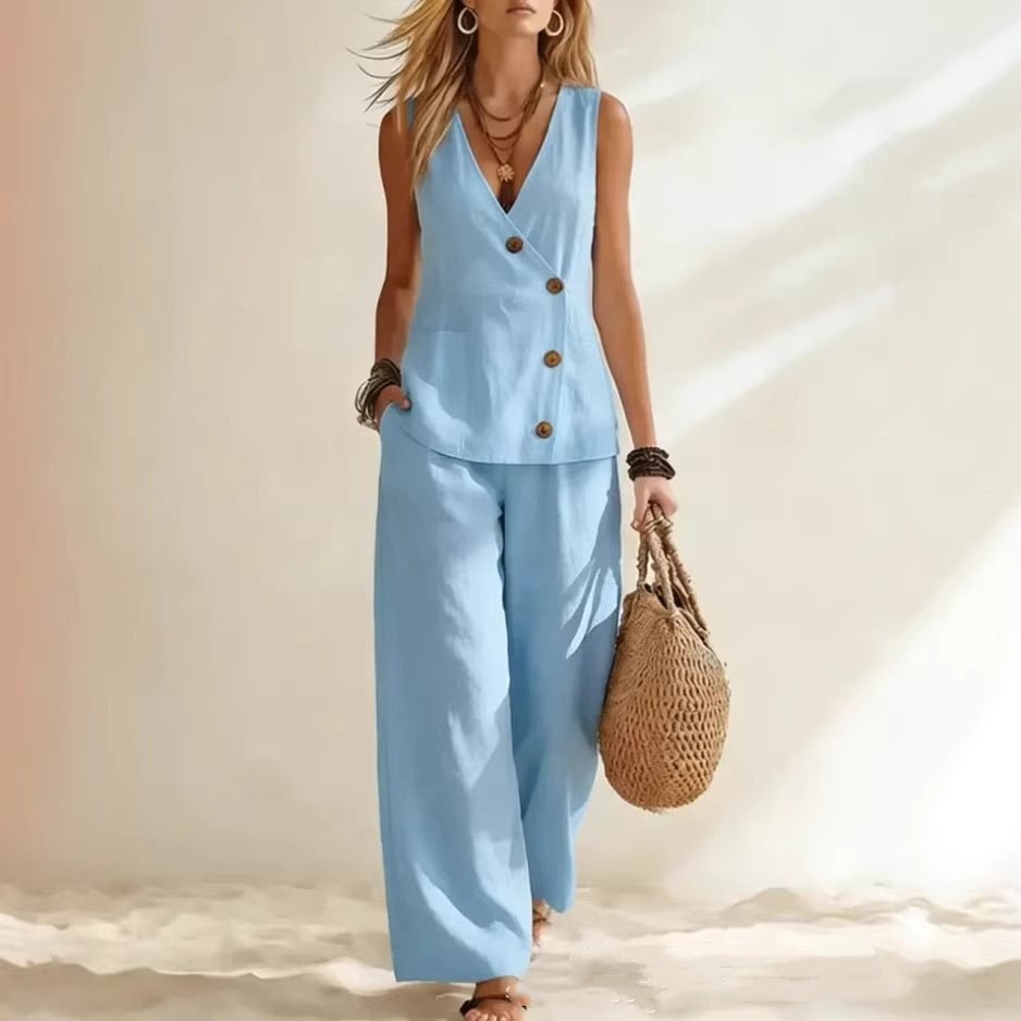 Women's sleeveless button-up cardigan vest and matching pants set by FitiqueFit, casual two-piece outfit with a relaxed fit.