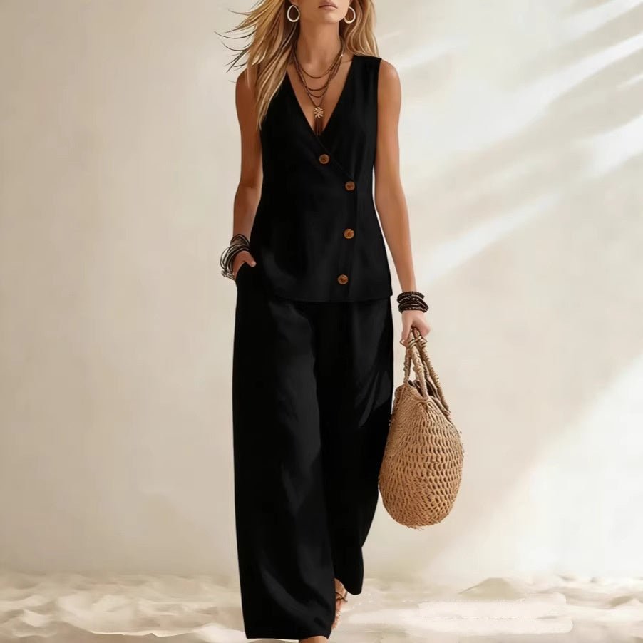 Women’s sleeveless cardigan vest and pants set by FitiqueFit, casual two-piece outfit with button-up cardigan and matching pants.