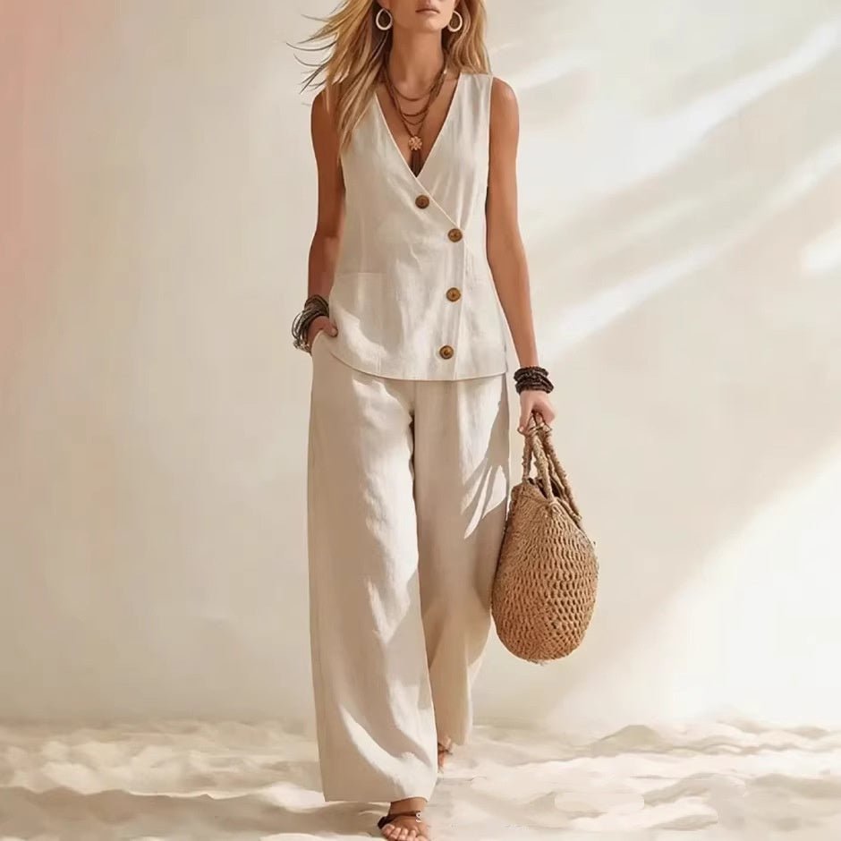 Women's sleeveless button-up cardigan vest and matching pants set by FitiqueFit, casual two-piece outfit with a relaxed fit.