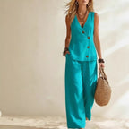 Women's sleeveless button-up cardigan vest and matching pants set by FitiqueFit, casual two-piece outfit with a relaxed fit.