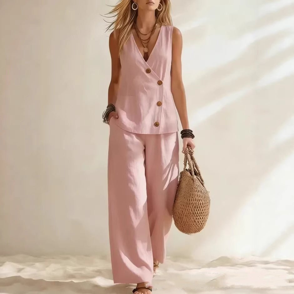 Women's sleeveless button-up cardigan vest and matching pants set by FitiqueFit, casual two-piece outfit for stylish comfort.