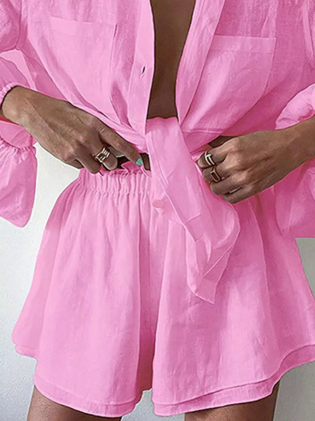 Women’s button-up long sleeve shirt and shorts two-piece lounge set by Plush Fashion Hub, casual and comfortable clothing set.