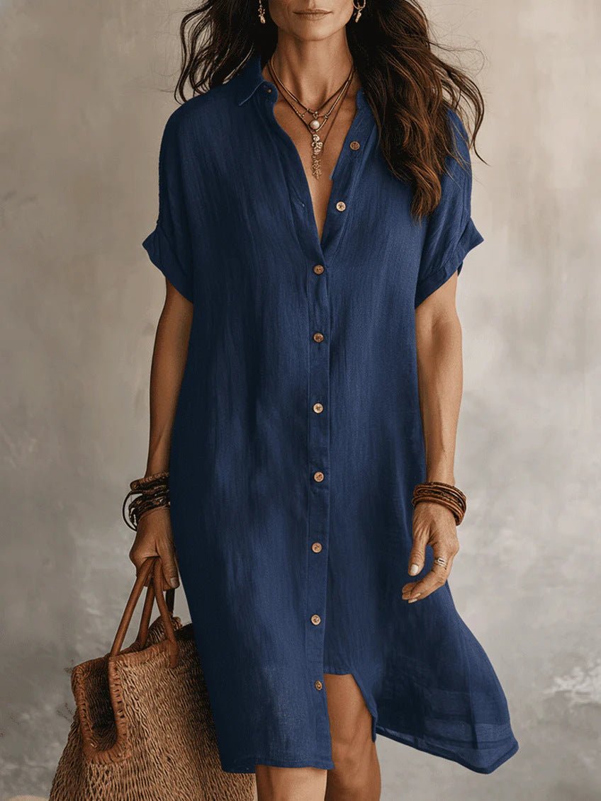 Women's short sleeve buttoned midi shirt dress by FitiqueFit, made of cotton and linen, perfect casualwear for warm days.