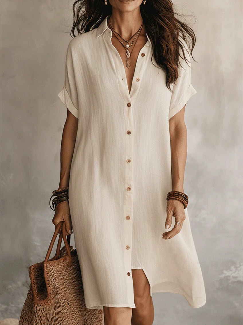 Women's short sleeve buttoned midi shirt dress by FitiqueFit, made of cotton and linen, perfect for casualwear.