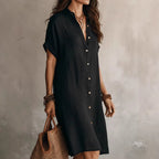 Women's short sleeve buttoned midi shirt dress by FitiqueFit, made of cotton and linen, perfect for casualwear.