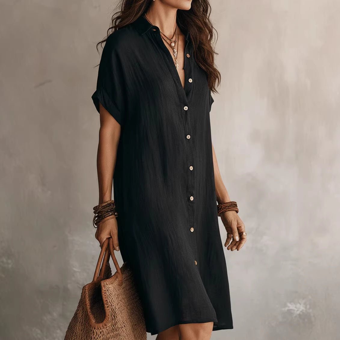 Women's short sleeve buttoned midi shirt dress by FitiqueFit, made of cotton and linen, perfect for casualwear.