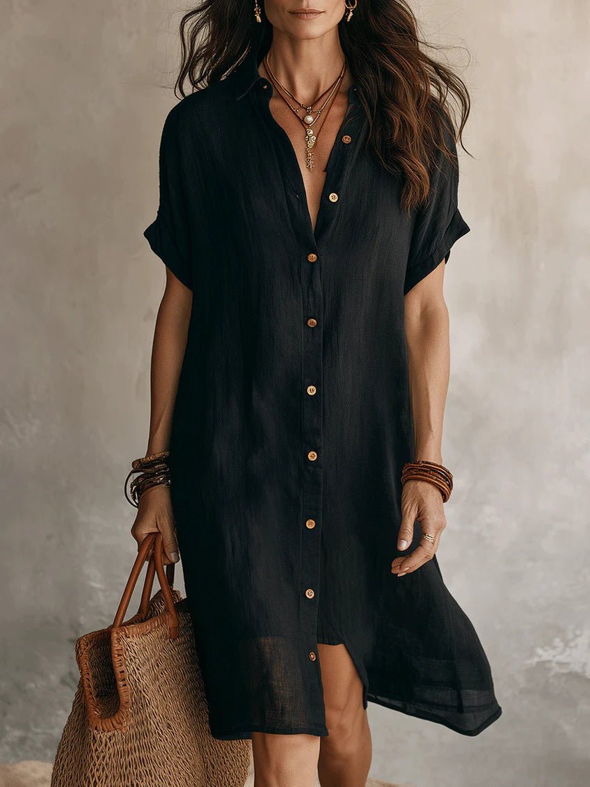 Women's short sleeve buttoned midi shirt dress by FitiqueFit, made of cotton and linen, styled for casual wear.