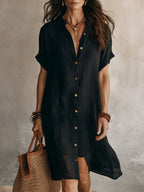 Women's short sleeve buttoned midi shirt dress by FitiqueFit, made of cotton and linen, styled for casual wear.