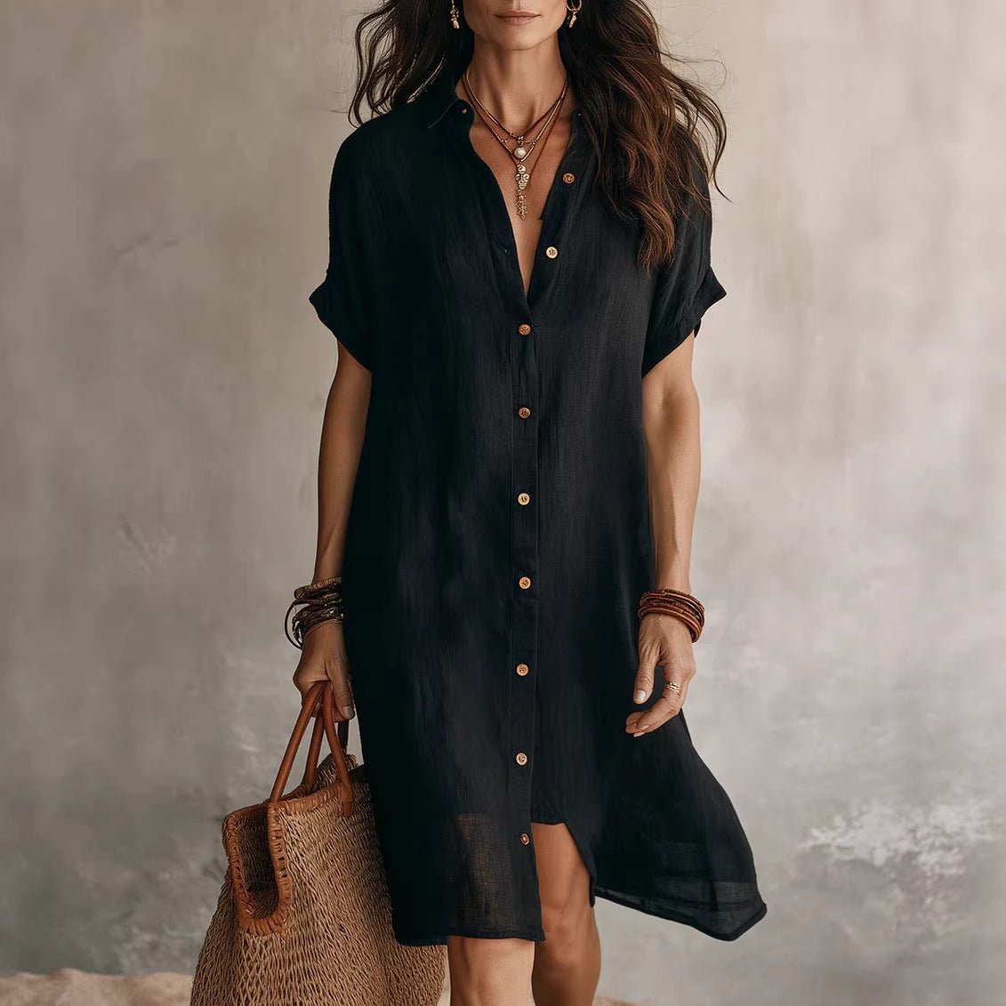 Women's short sleeve buttoned midi shirt dress by FitiqueFit in lightweight cotton and linen fabric, casualwear style.