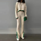 Women’s casual color-block two-piece set by FitiqueFit featuring a relaxed top and matching pants, perfect for everyday wear.