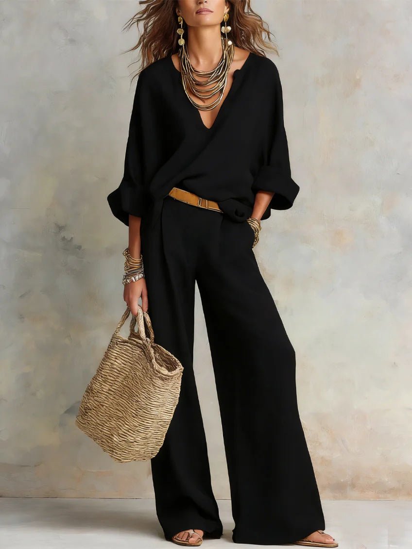 Women's casual linen vacation set from FitiqueFit with three-quarter sleeve top and full-length pants, ideal for relaxed summer wear.