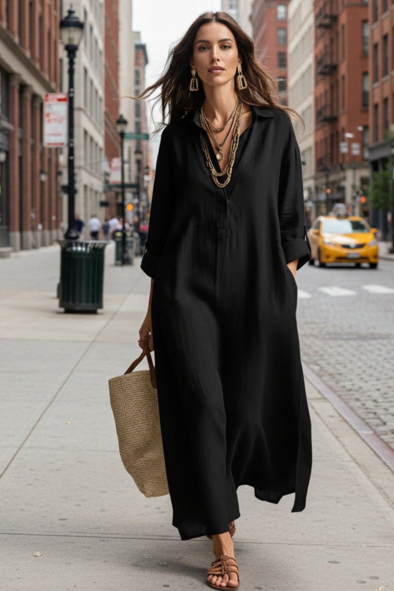 Women's casual linen shirt dress with long sleeves and relaxed fit, by FitiqueFit, perfect for everyday comfortable wear.