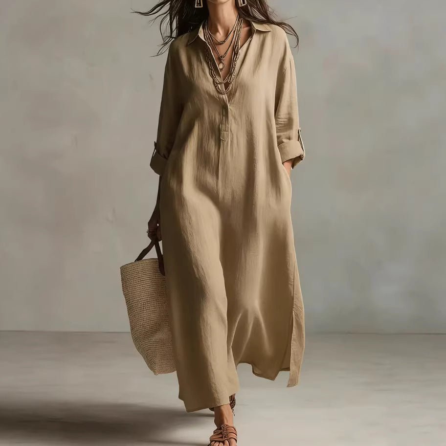 Women's relaxed-fit linen shirt dress by FitiqueFit featuring long sleeves and a casual, comfortable style.