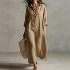 Women's relaxed-fit linen shirt dress by FitiqueFit featuring long sleeves and a casual, comfortable style.