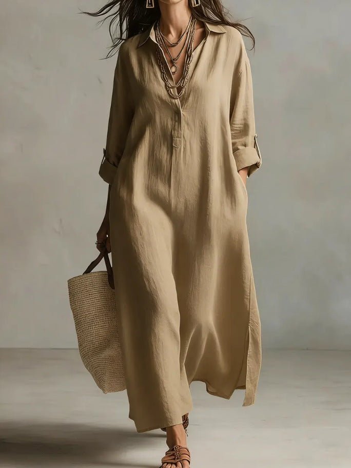 Women's casual linen shirt dress with long sleeves and relaxed fit, stylish and comfortable casualwear by FitiqueFit.