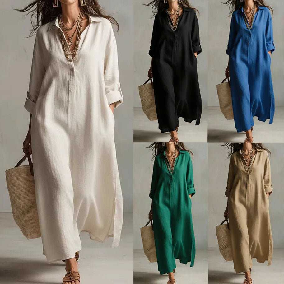 Women's casual linen shirt dress by FitiqueFit featuring long sleeves and a relaxed fit, ideal for comfortable everyday wear.