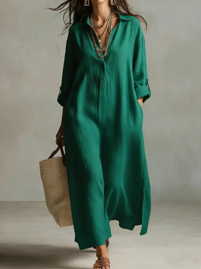 Women's loose-fit linen shirt dress with long sleeves, casualwear by FitiqueFit, shown in a relaxed fit style.