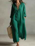 Women's loose-fit linen shirt dress with long sleeves, casualwear by FitiqueFit, shown in a relaxed fit style.